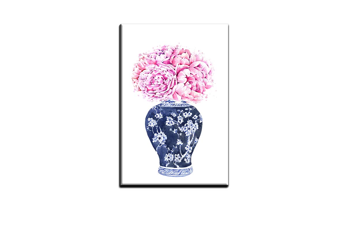 Chinoiserie Vase Pink Flowers | Hamptons Canvas Wall Art Print - Final Touch Decor