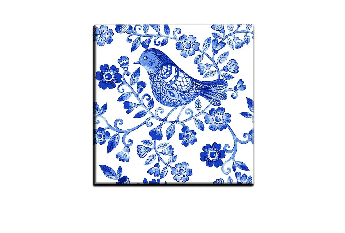 Blue White Flower Bird Pattern | Hamptons Canvas Wall Art Print - Final Touch Decor
