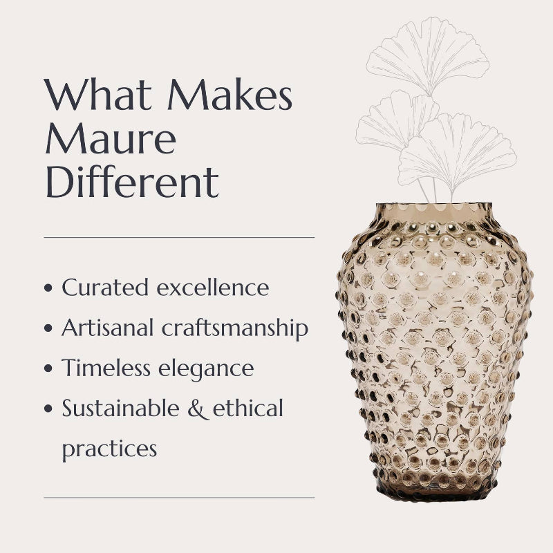 Decorative vase with text highlighting Maure's unique selling points on a light background