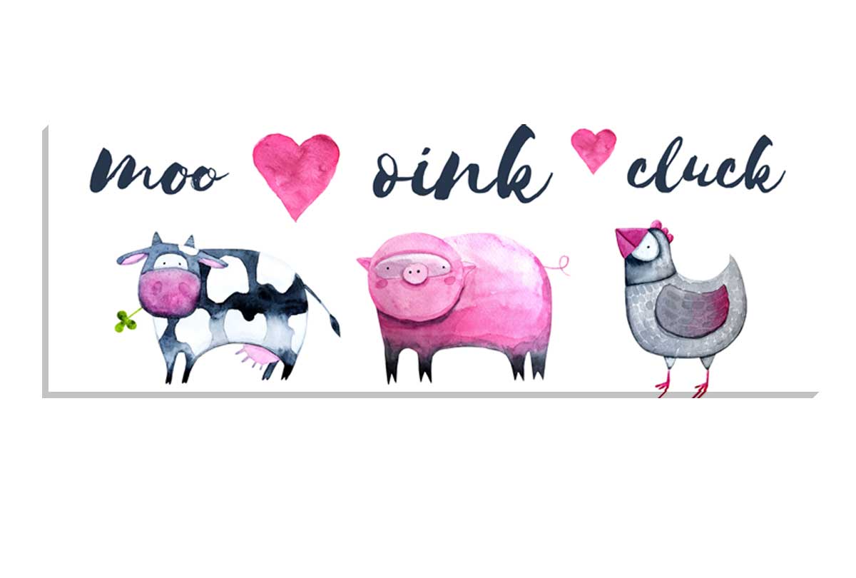 Cow, Pig, Chick In Watercolour | Kids Farm Animal Print | Canvas Wall Art Decor - Final Touch Decor