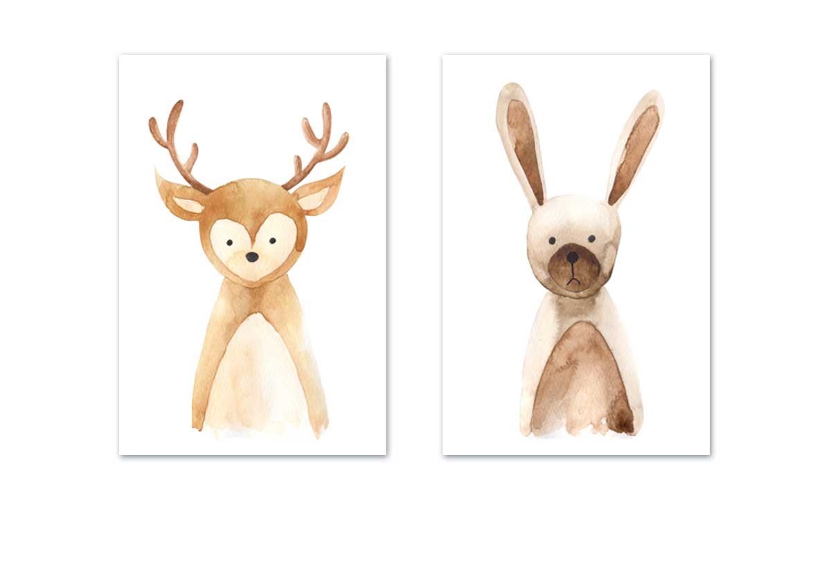 Deer & Bunny | Kids Woodland Animal Print Set | Canvas Wall Art Decor