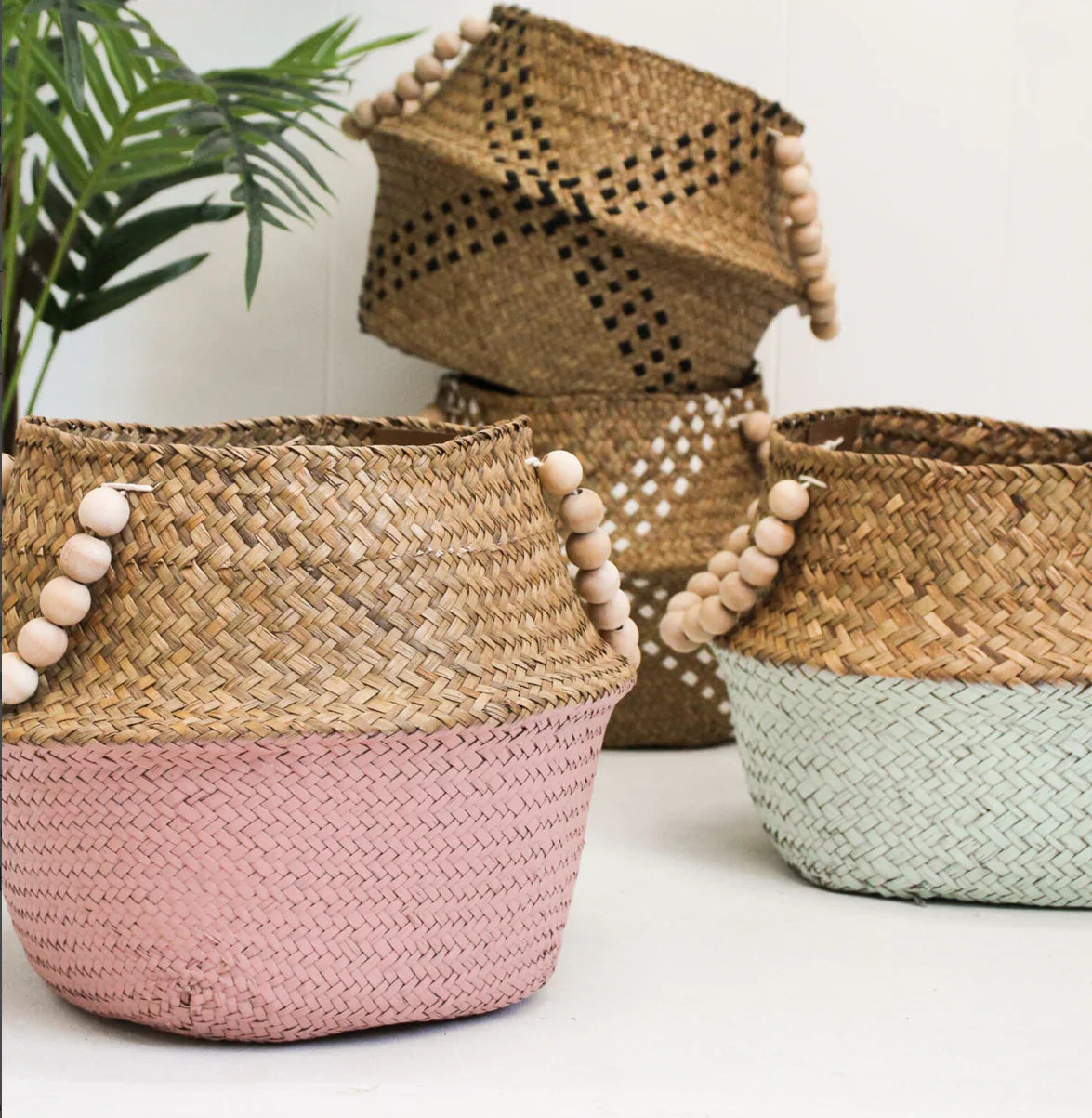 Belly Basket Blue/nat Beads - Final Touch Decor