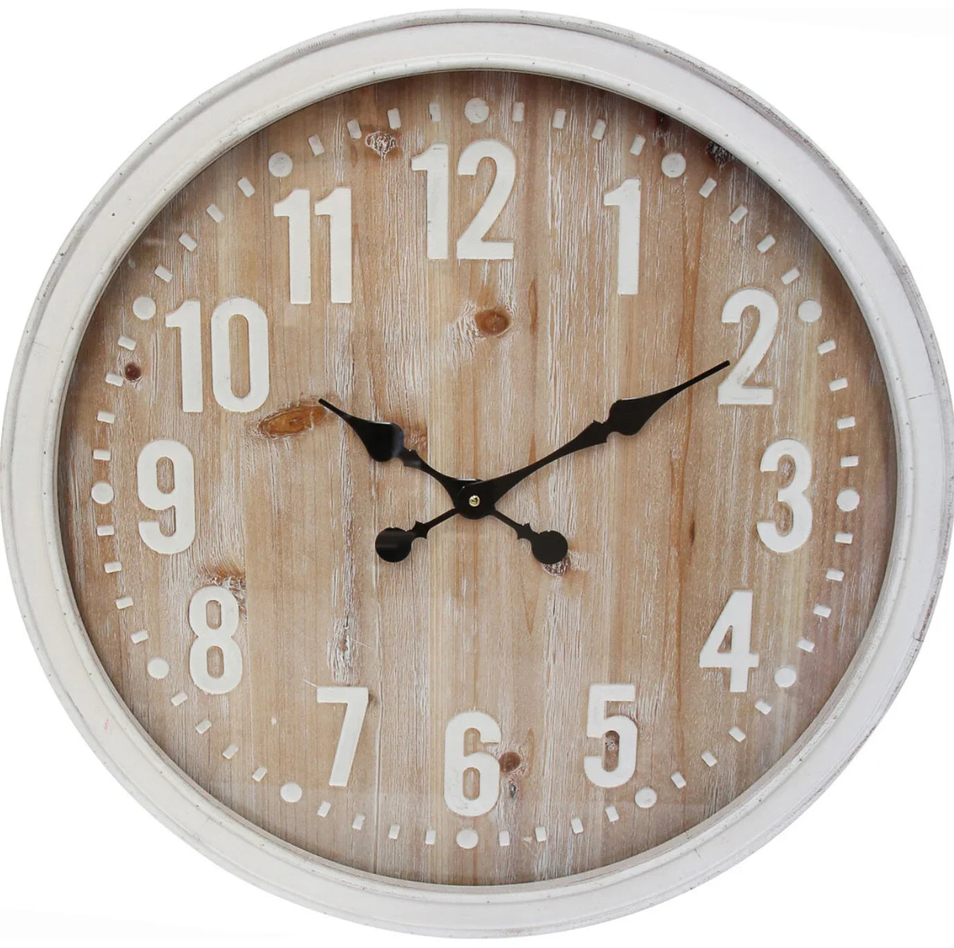 Wooden wall clock with white frame and brown wooden face