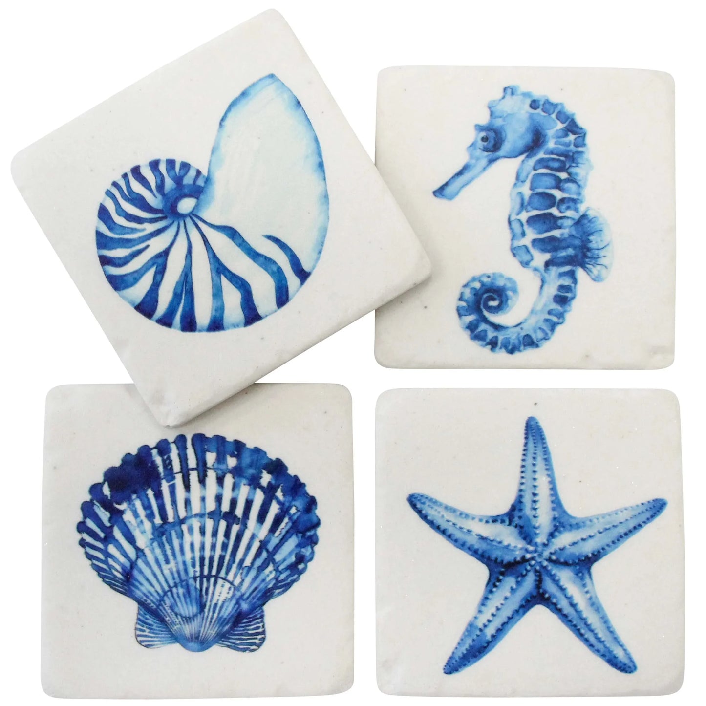 Set of four square coasters with blue sea-themed designs on a white background