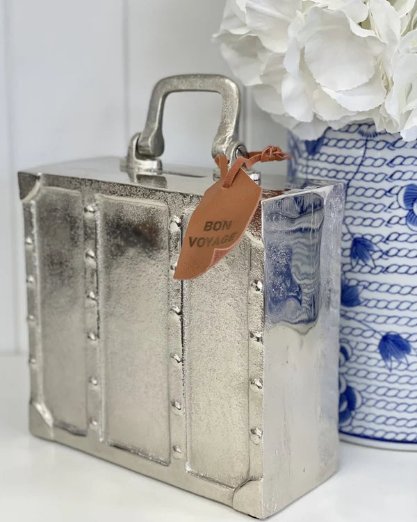 Bon Voyage Suitcase Money Bank β Silver Hamptons Decor Box