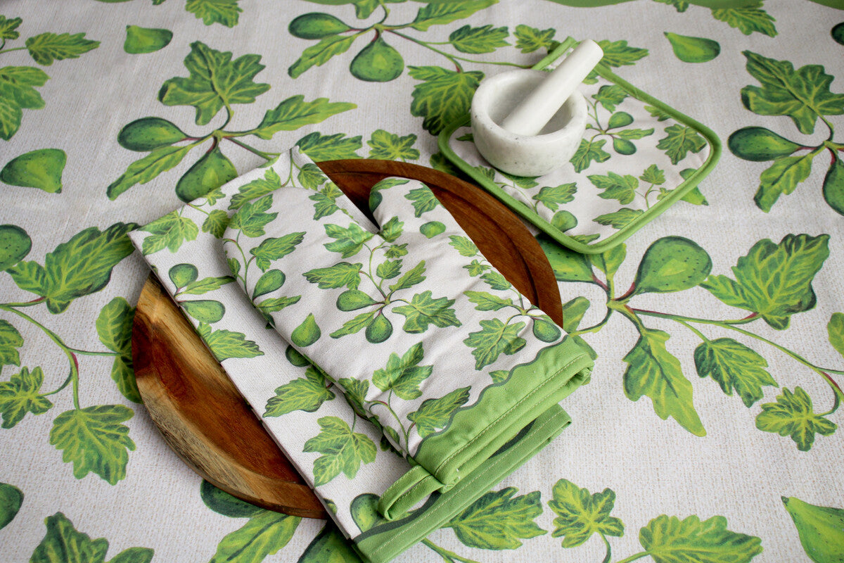 fig leaf kitchen textiles set with tea towel close up