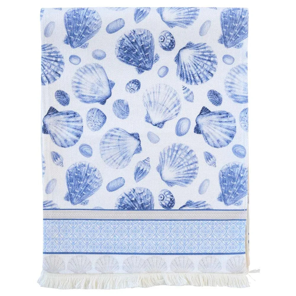 Table runner with blue and white shell pattern Hamptons style