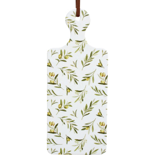 White rectangular trivet with olive pattern on a white background