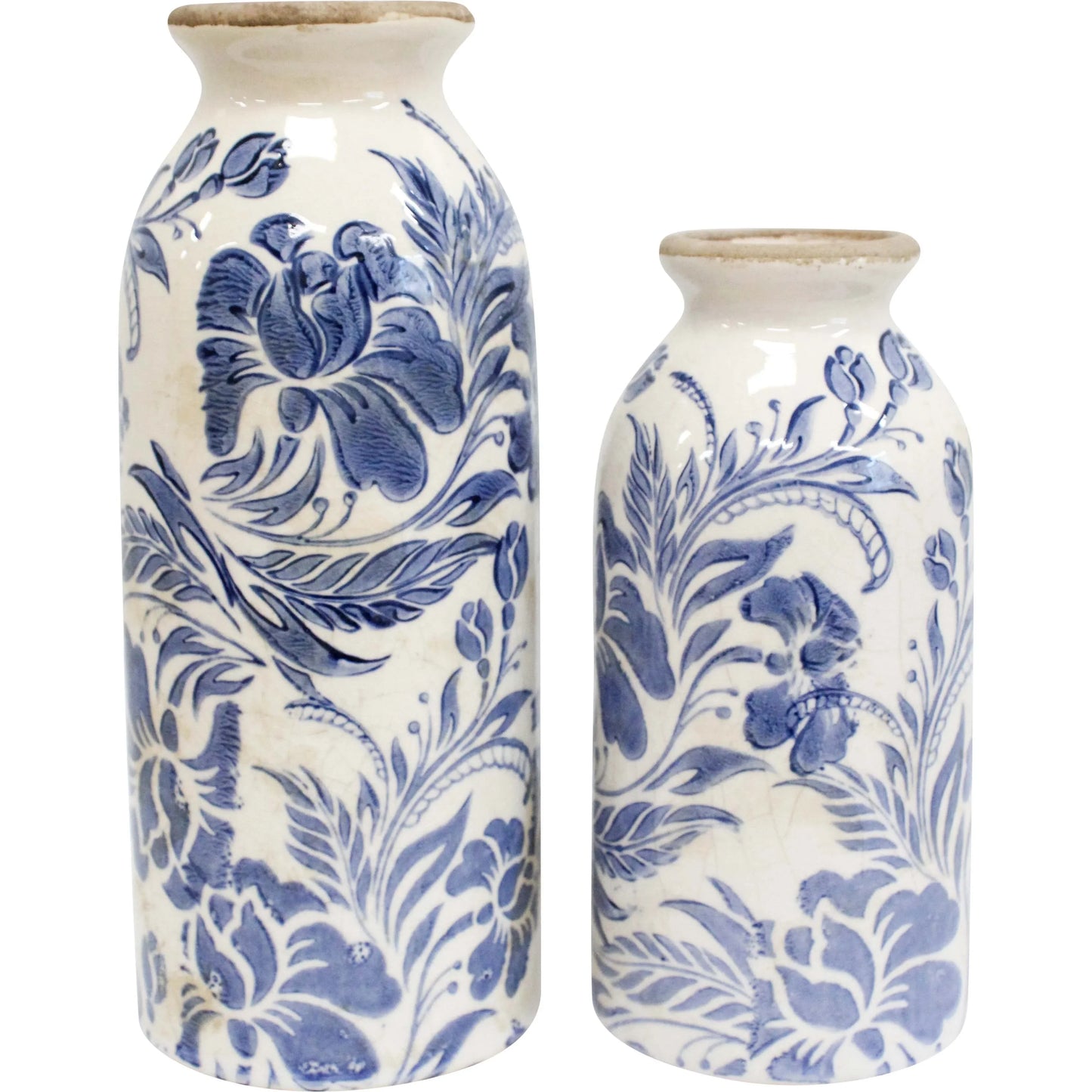 Two ceramic bud vases with blue floral patterns on a white background