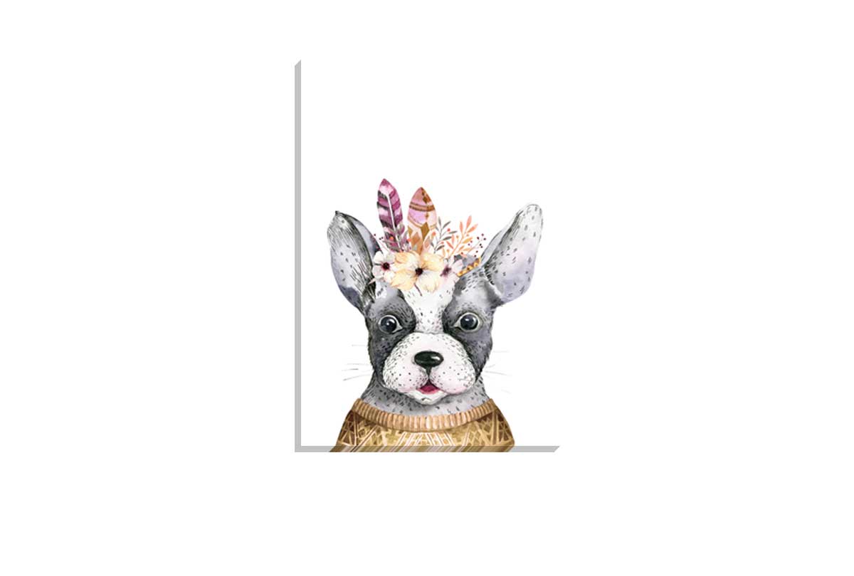 Bulldog with Boho Feathers | Canvas Wall Art Print - Final Touch Decor