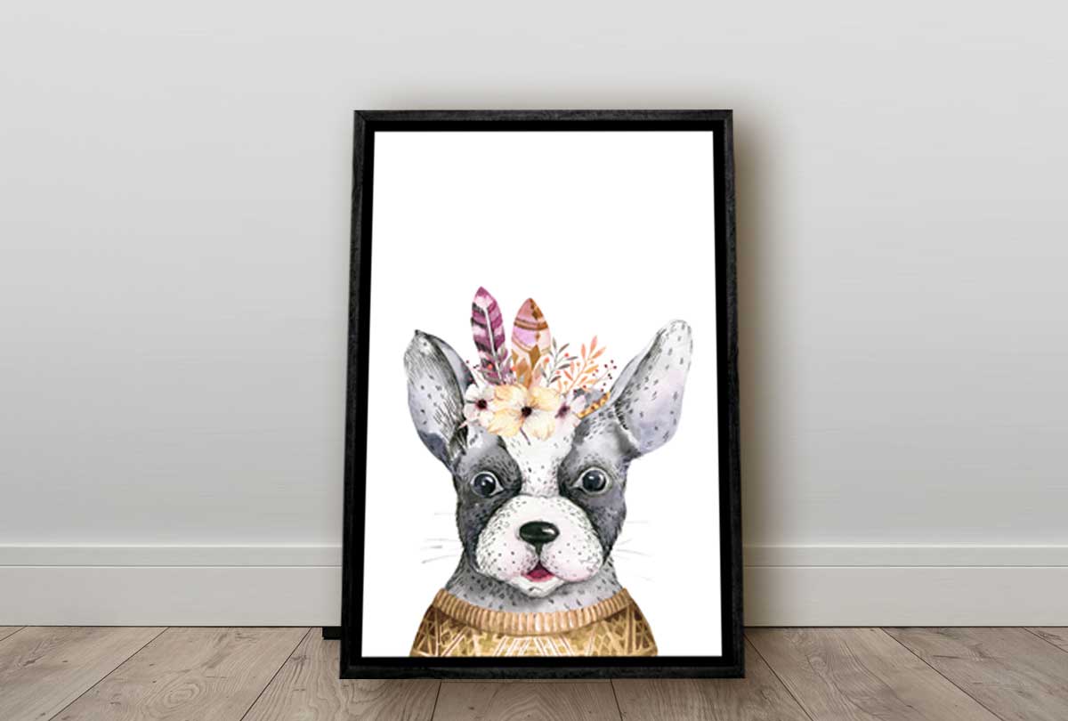 Bulldog with Boho Feathers | Canvas Wall Art Print - Final Touch Decor