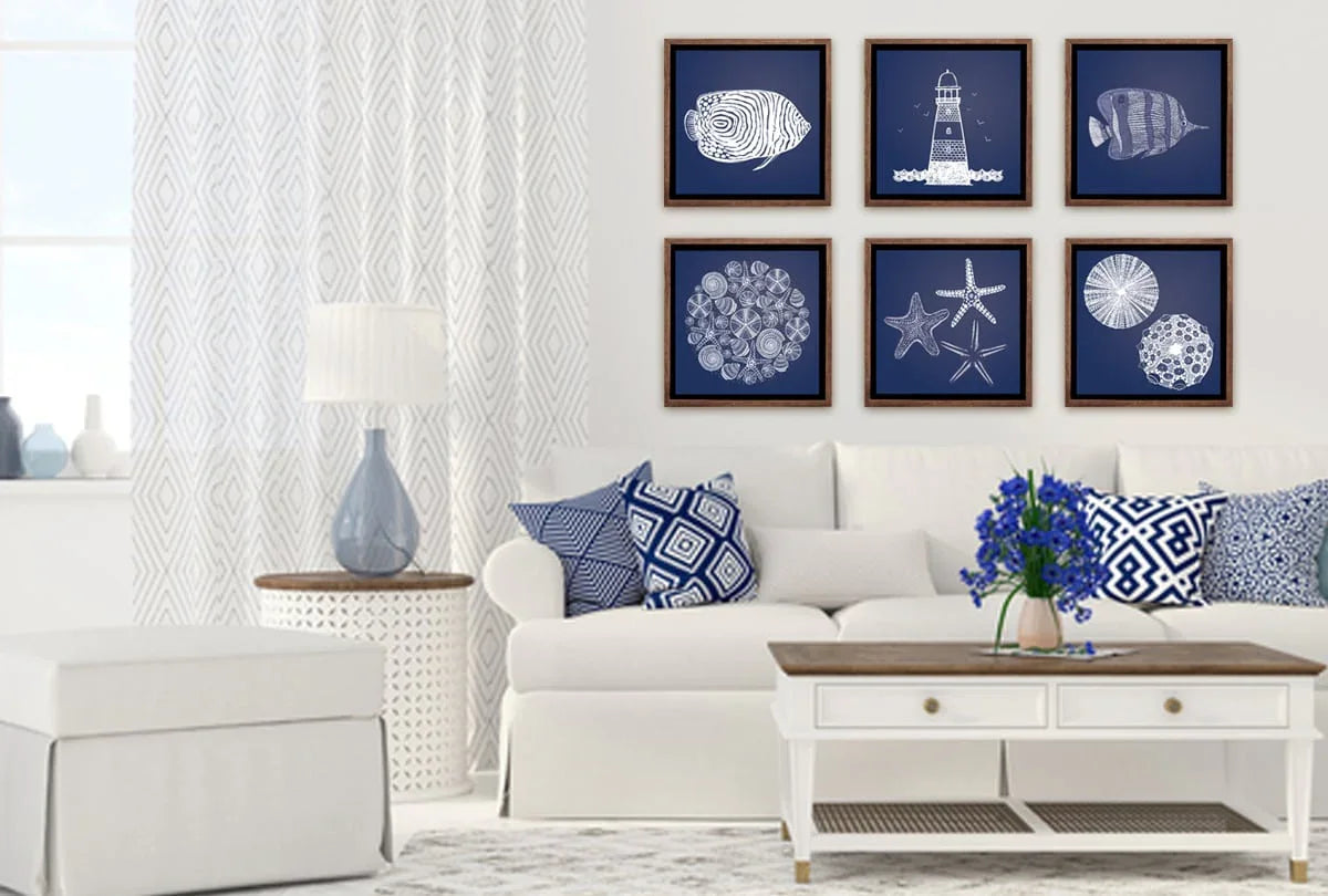 Shells Star Fish White on Navy | Canvas Wall Art Print - Final Touch Decor