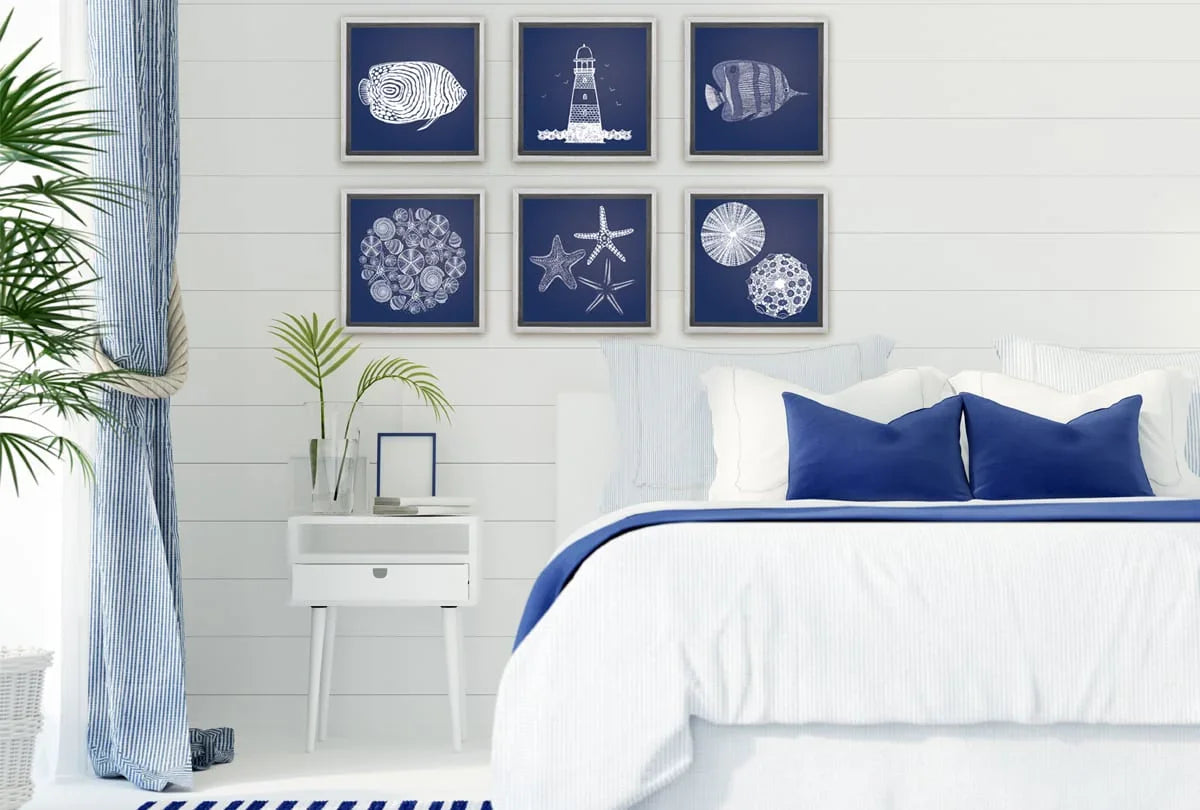 Shells Star Fish White on Navy | Canvas Wall Art Print - Final Touch Decor