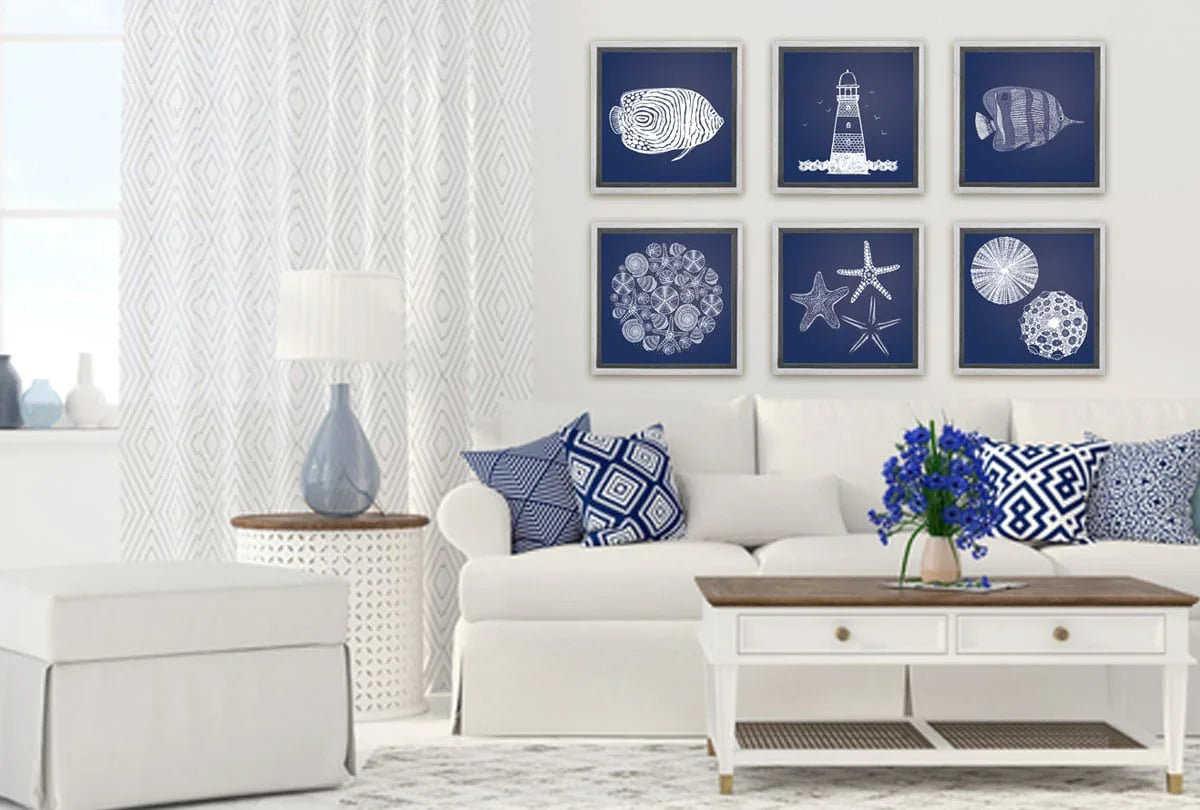 Shells Star Fish White on Navy | Canvas Wall Art Print - Final Touch Decor