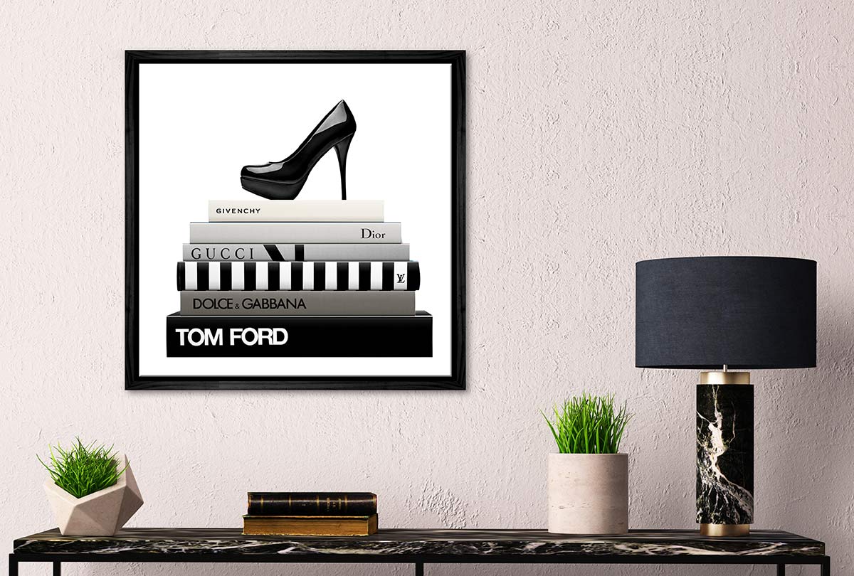 Fashion Books with Stiletto | Fashion Canvas Wall Art Print - Final Touch Decor
