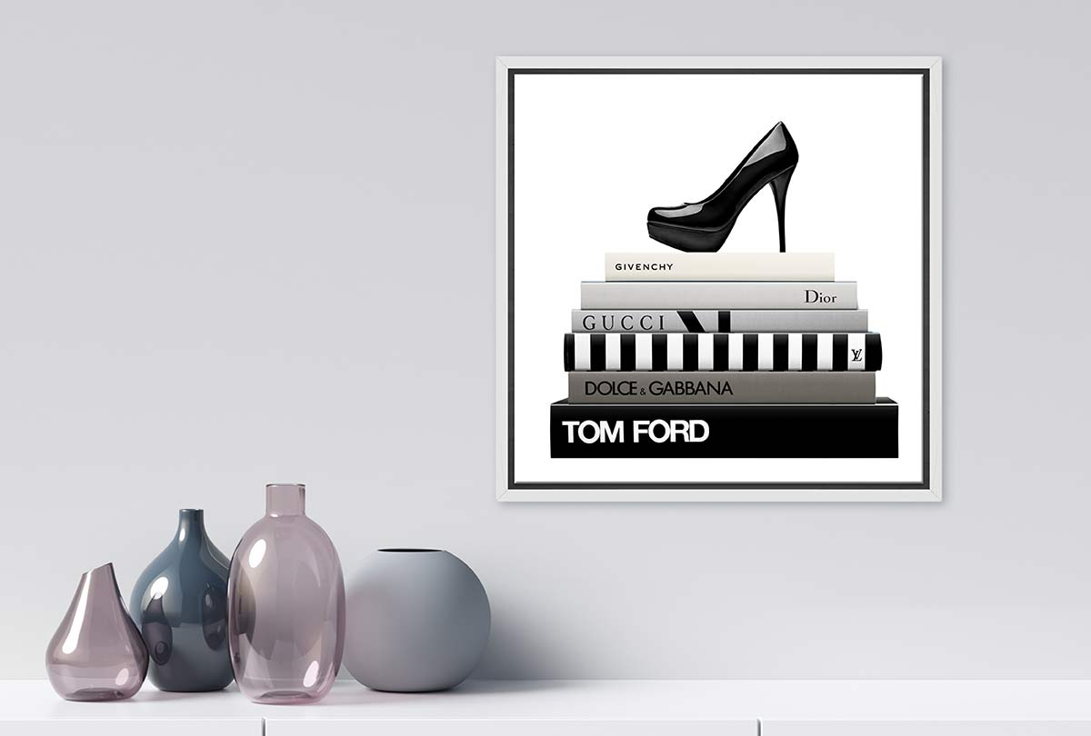 Fashion Books with Stiletto | Fashion Canvas Wall Art Print - Final Touch Decor