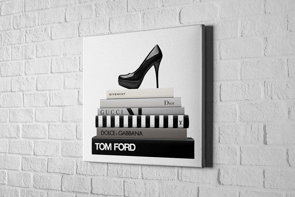 Fashion Books with Stiletto | Fashion Canvas Wall Art Print - Final Touch Decor