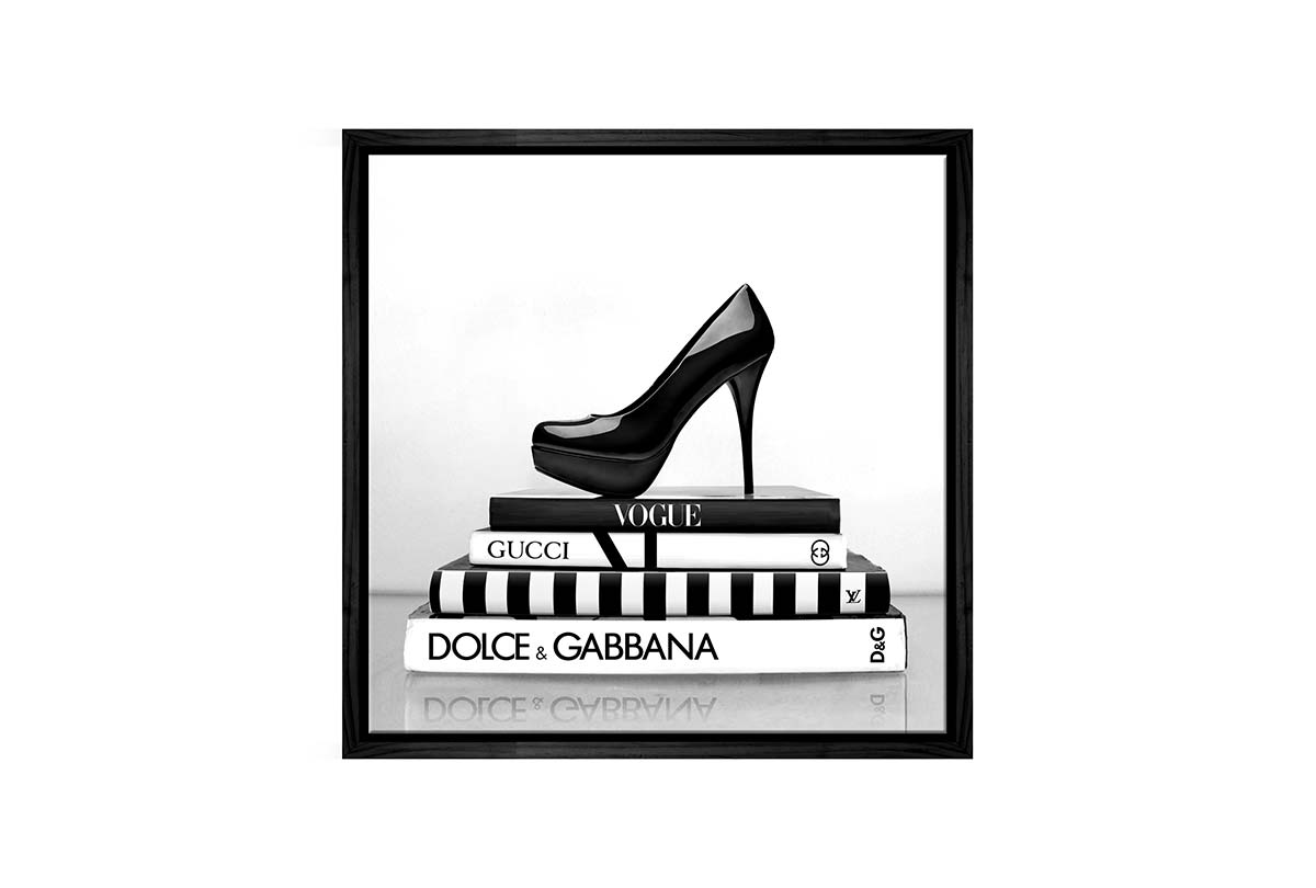 Fashion Books with Stiletto 2 | Fashion Canvas Wall Art Print - Final Touch Decor