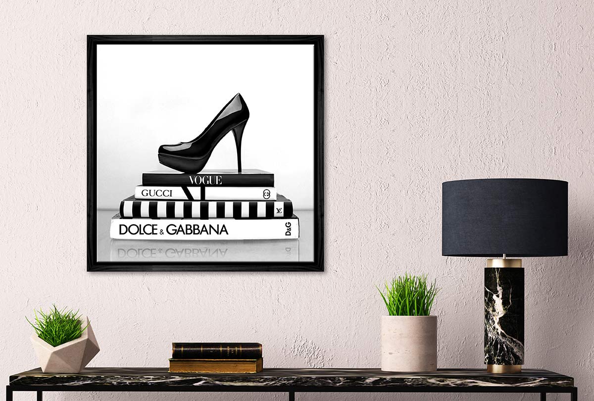 Fashion Books with Stiletto 2 | Fashion Canvas Wall Art Print - Final Touch Decor