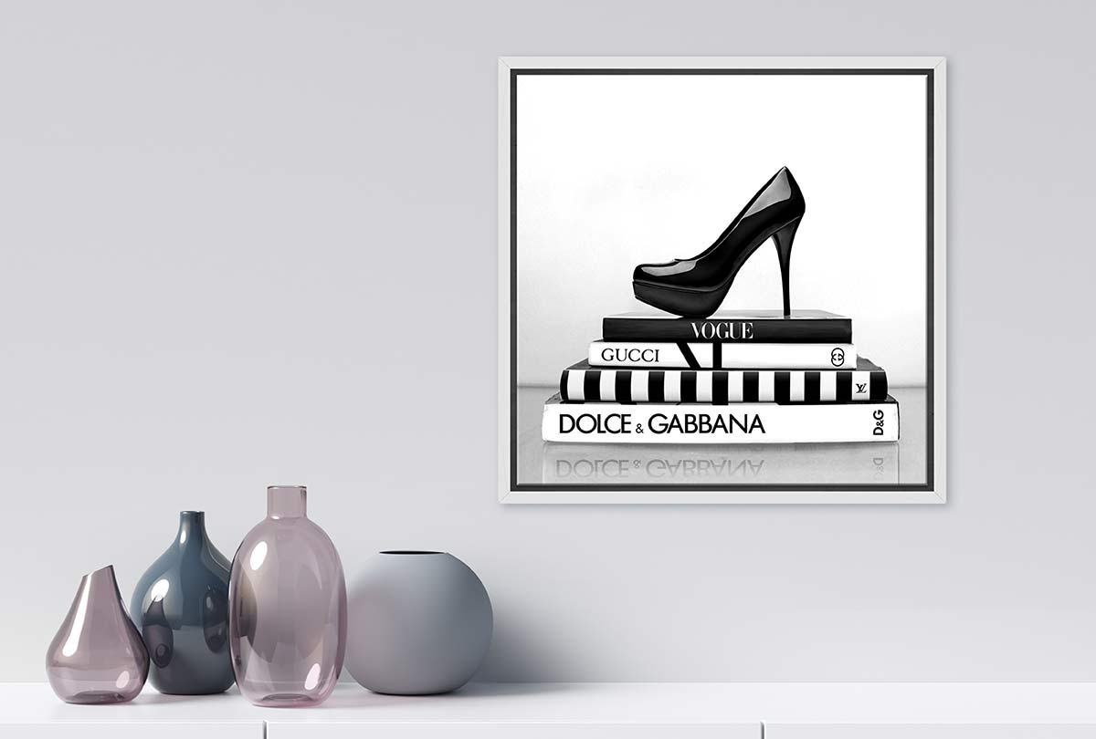 Fashion Books with Stiletto 2 | Fashion Canvas Wall Art Print - Final Touch Decor