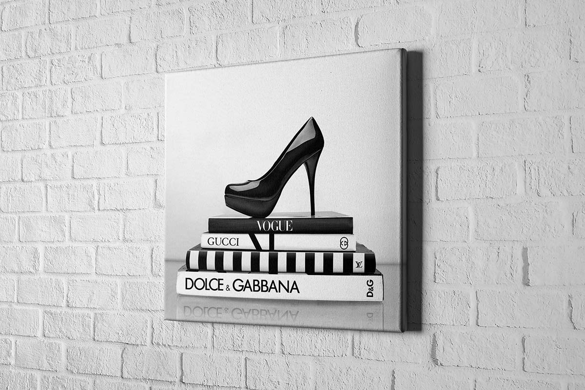 Fashion Books with Stiletto 2 | Fashion Canvas Wall Art Print - Final Touch Decor