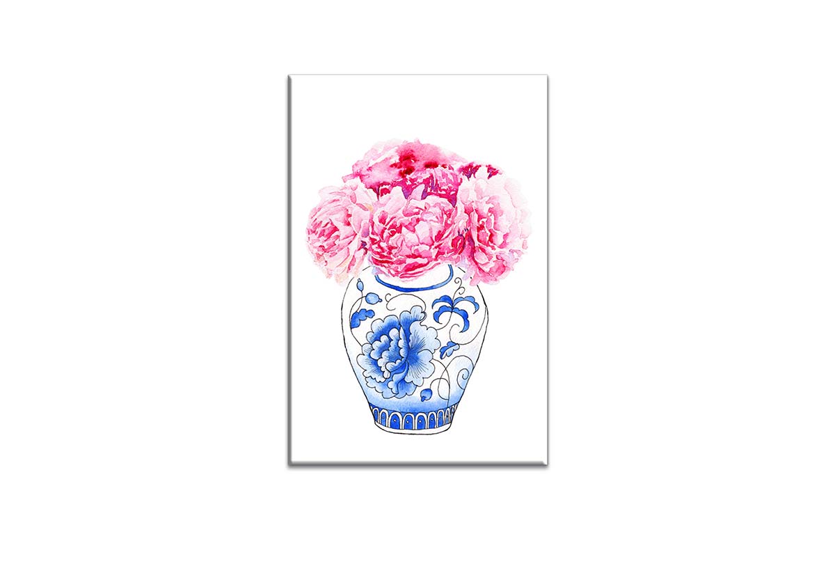 Blue White Vase Pink Flowers | Hamptons Canvas Wall Art Print - Final Touch Decor