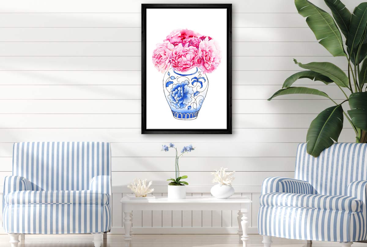 Blue White Vase Pink Flowers | Hamptons Canvas Wall Art Print - Final Touch Decor