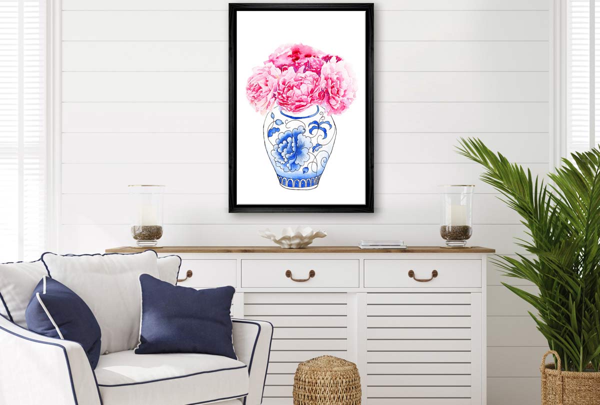 Blue White Vase Pink Flowers | Hamptons Canvas Wall Art Print - Final Touch Decor