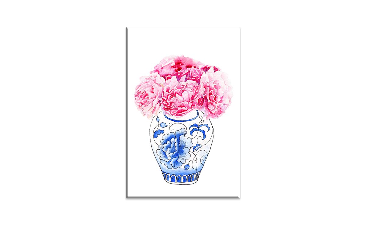 Blue White Vase Pink Flowers | Hamptons Canvas Wall Art Print - Final Touch Decor