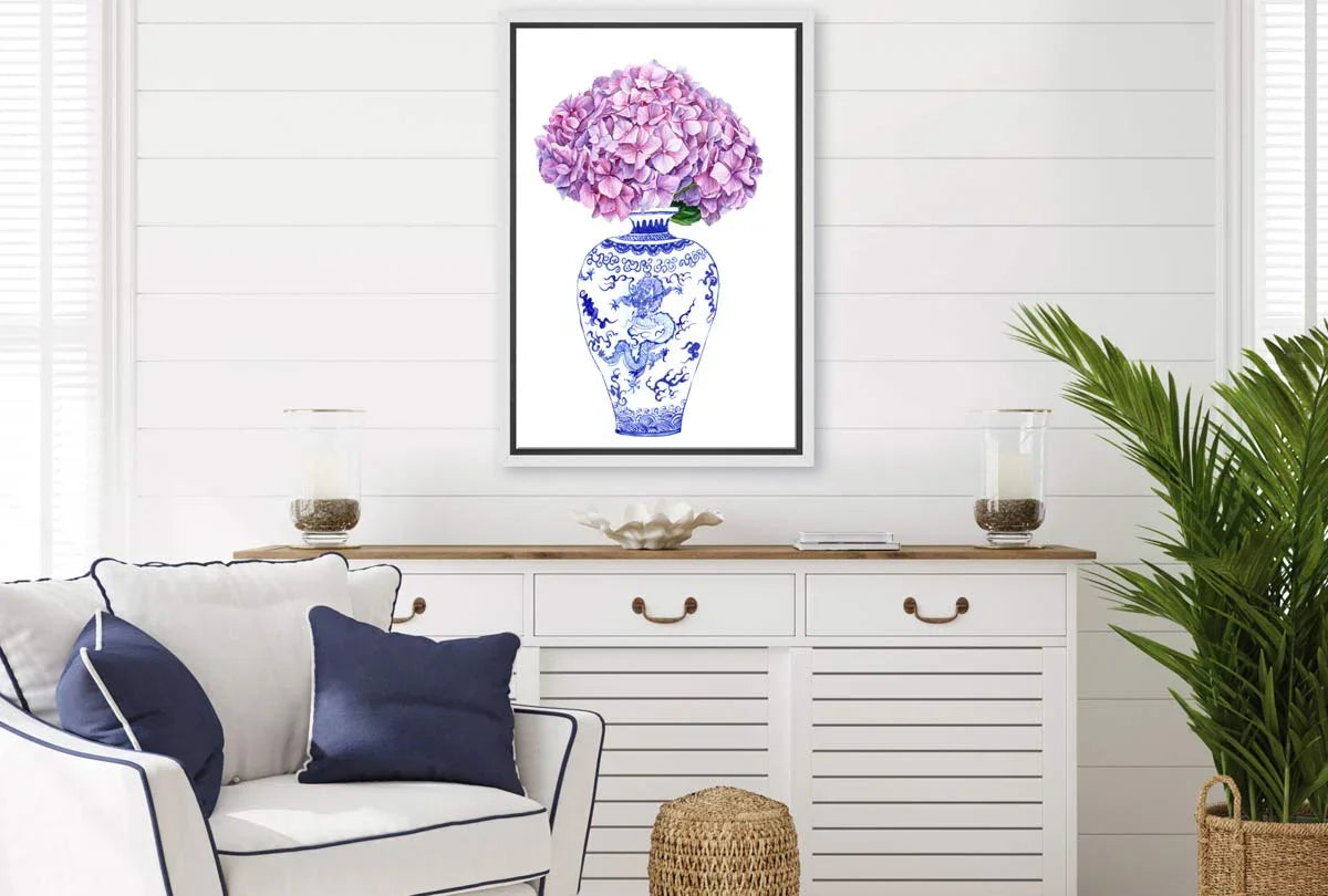 Blue White Vase Mauve Flowers | Hamptons Canvas Wall Art Print - Final Touch Decor