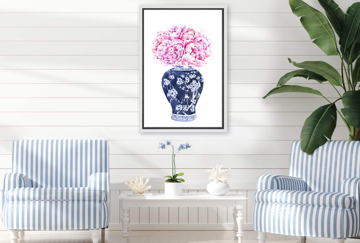 Chinoiserie Vase Pink Flowers | Hamptons Canvas Wall Art Print - Final Touch Decor