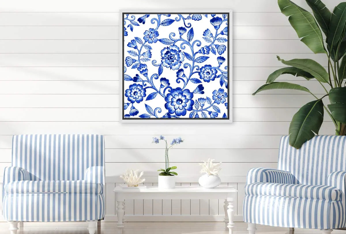 Blue White Flower Pattern | Hamptons Canvas Wall Art Print - Final Touch Decor