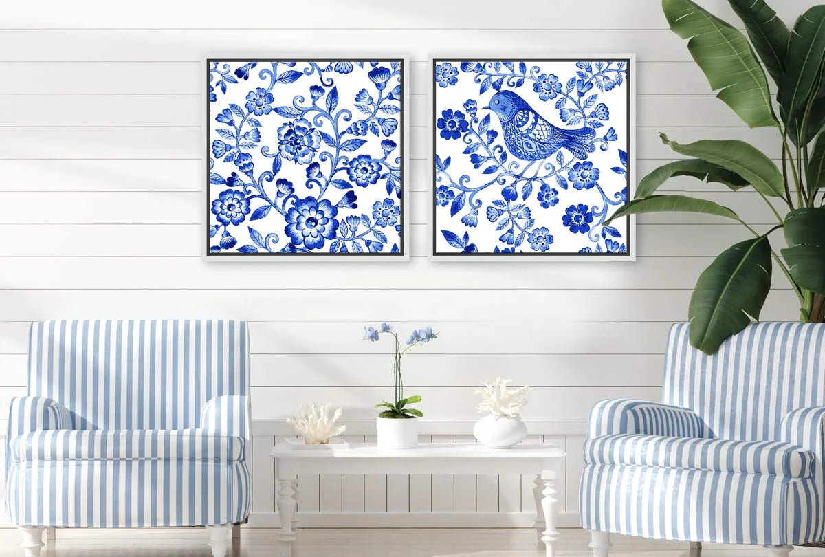 Blue White Flower Pattern | Hamptons Canvas Wall Art Print - Final Touch Decor