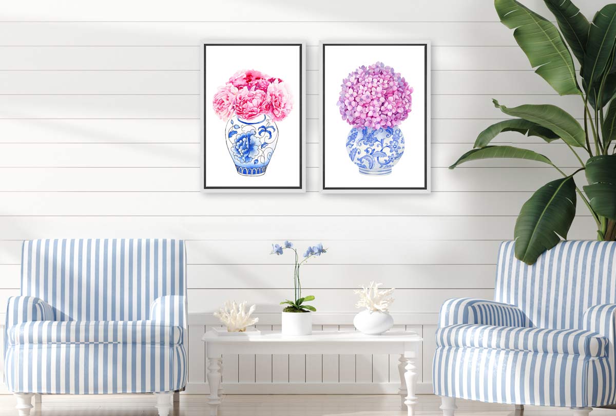 Blue White Vase Pink Flowers | Hamptons Canvas Wall Art Print - Final Touch Decor