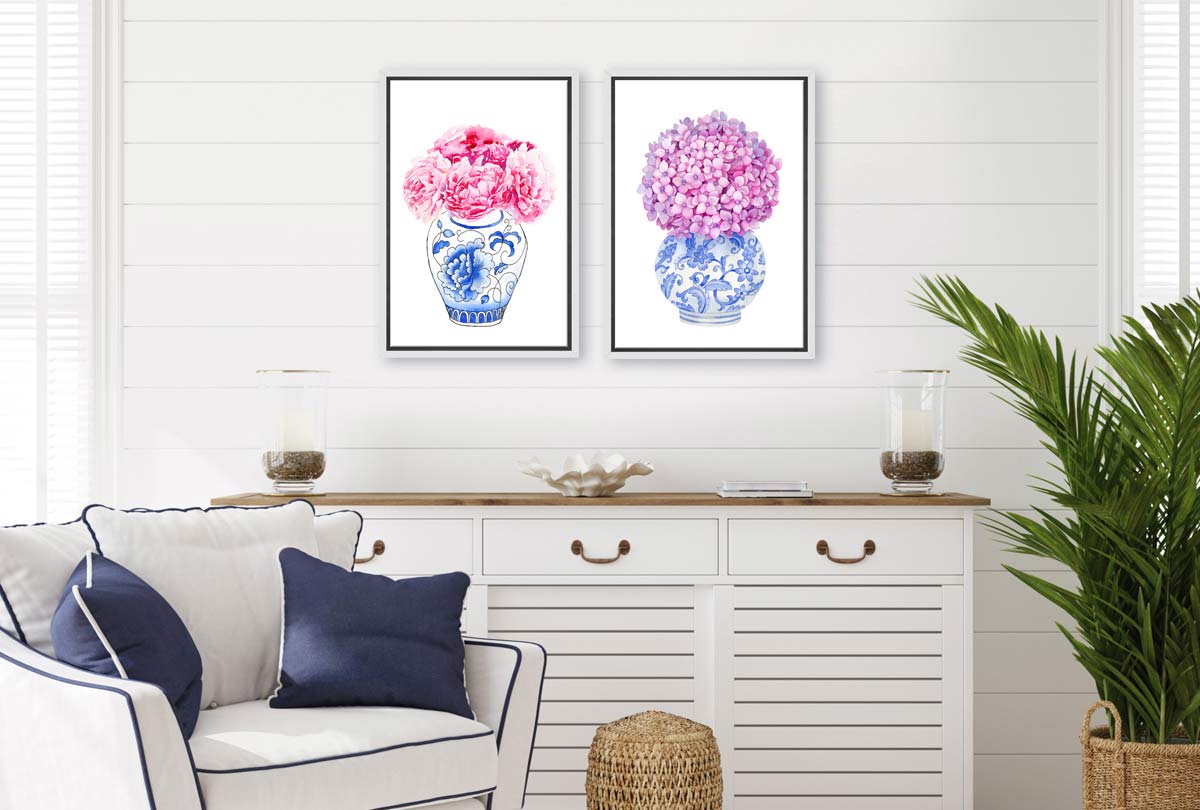 Blue White Vase Pink Flowers | Hamptons Canvas Wall Art Print - Final Touch Decor