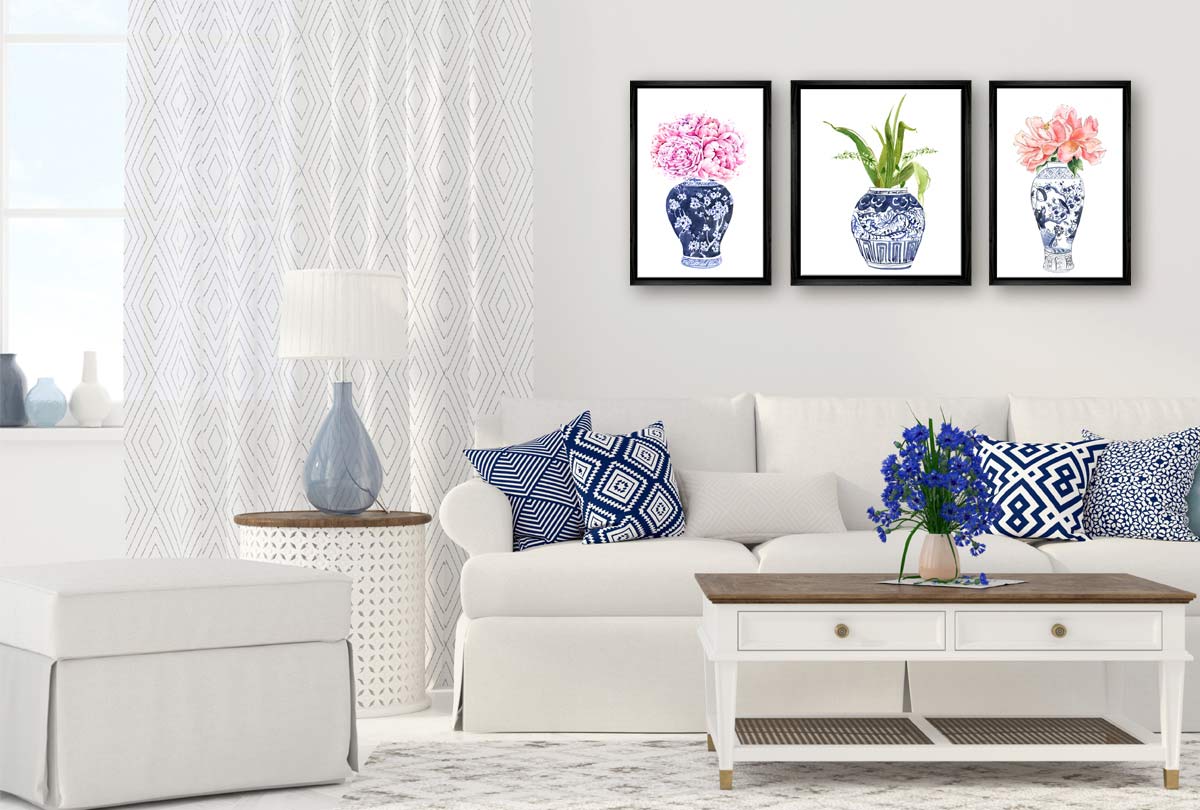 Chinoiserie Vase Pink Flowers | Hamptons Canvas Wall Art Print - Final Touch Decor