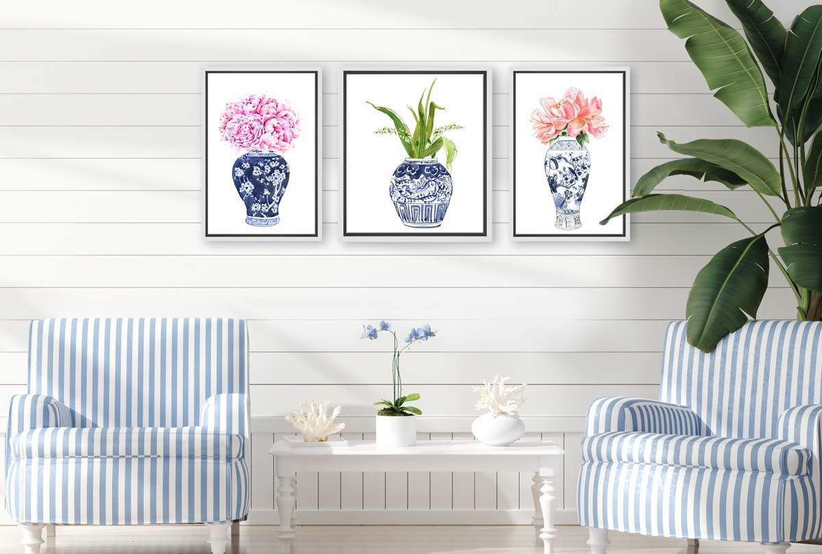 Chinoiserie Vase Pink Flowers | Hamptons Canvas Wall Art Print - Final Touch Decor