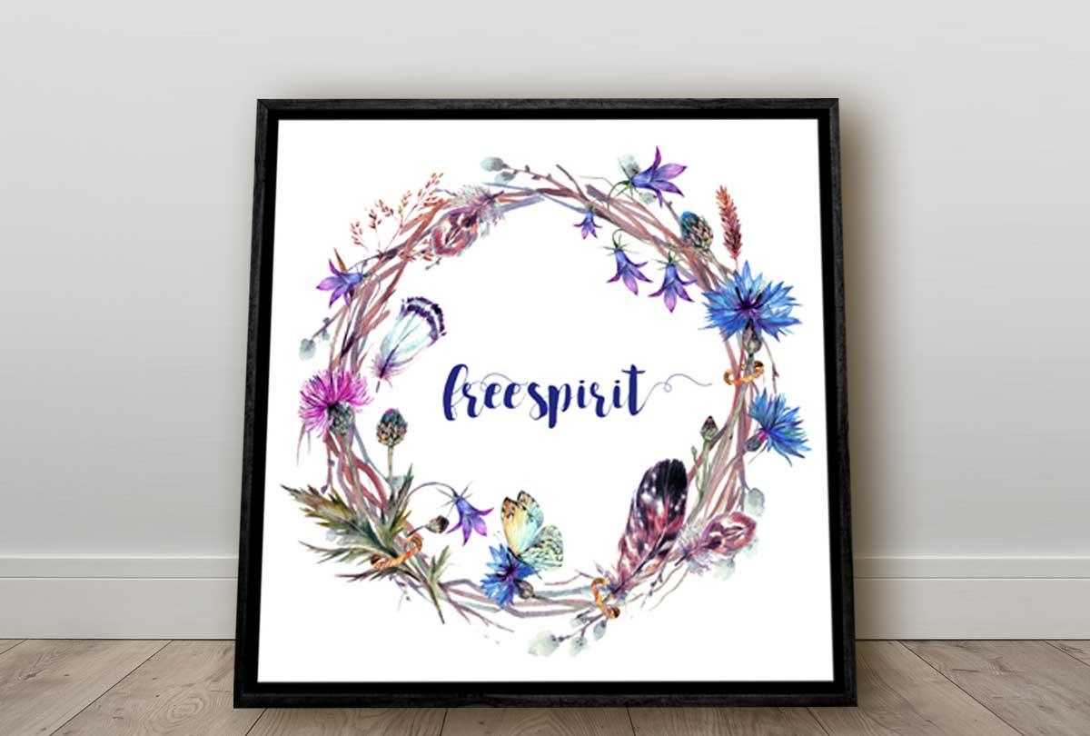 Free Spirit Feather & Floral Wreath | Canvas Wall Art Print - Final Touch Decor