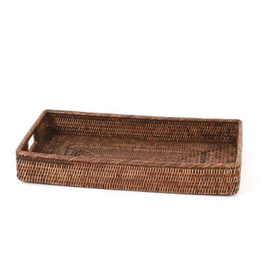 Hand made Rectangular rattan tray large with inset handles dark brown