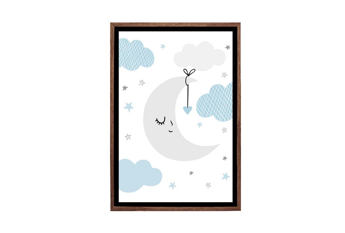 Moon Clouds Stars Blue Grey | Scandinavian Kid's Wall Art Print