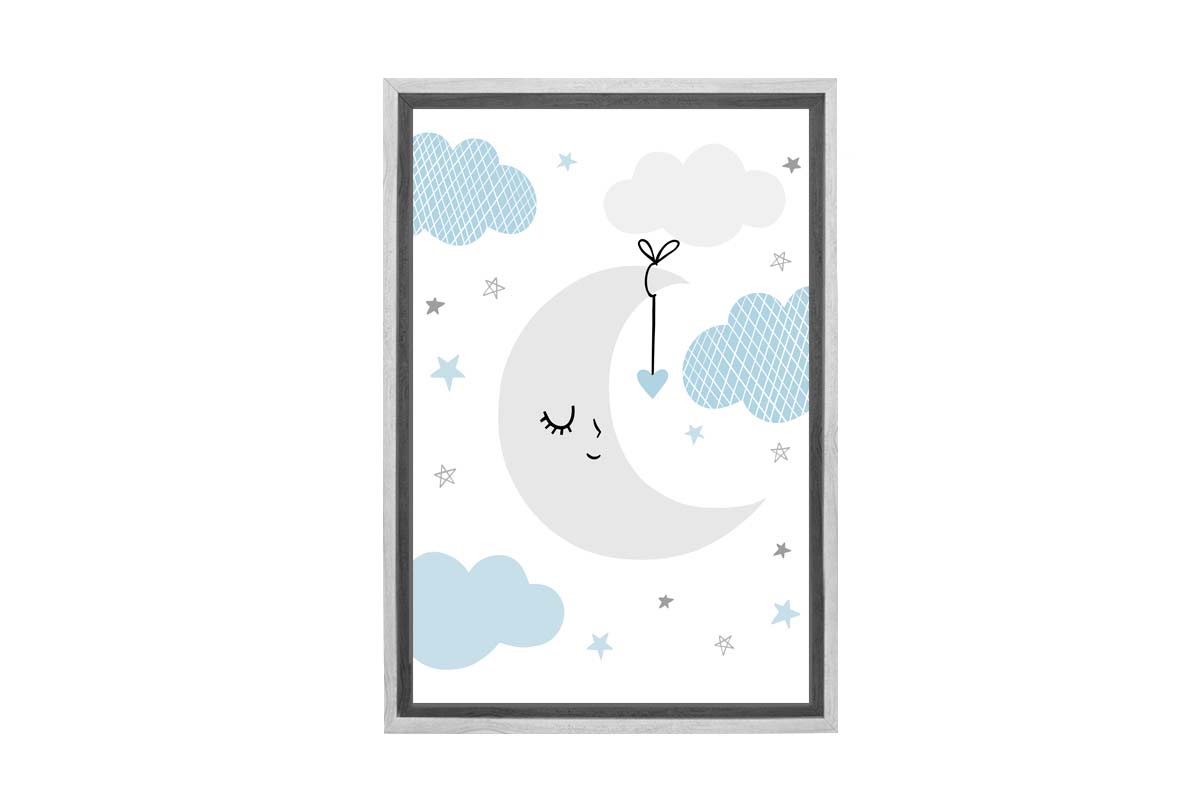 Moon Clouds Stars Blue Grey | Scandinavian Kid's Wall Art Print