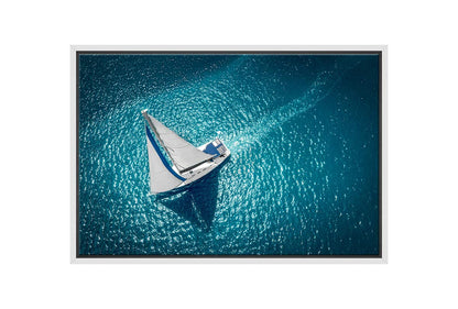 Aerial White Yacht on Turquoise Sea | Canvas Wall Art Print