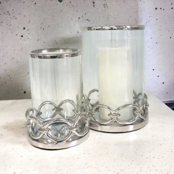 medium and large silver hurricane candle lanterns with link desgn