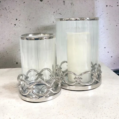 medium and large silver hurricane candle lanterns with link desgn