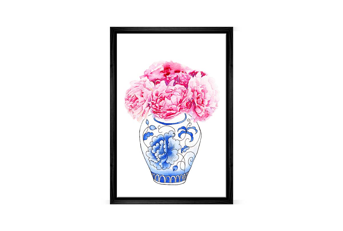 Blue White Vase Pink Flowers | Hamptons Canvas Wall Art Print