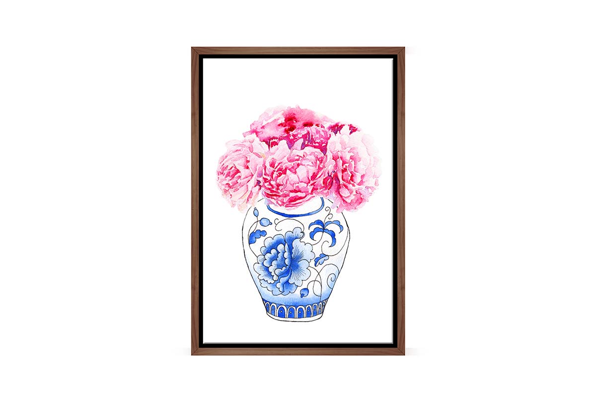 Blue White Vase Pink Flowers | Hamptons Canvas Wall Art Print