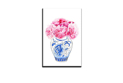 Blue White Vase Pink Flowers | Hamptons Canvas Wall Art Print
