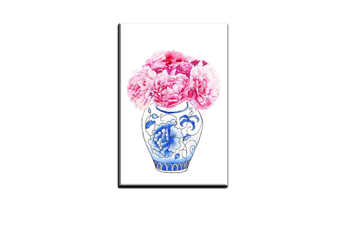 Blue White Vase Pink Flowers | Hamptons Canvas Wall Art Print