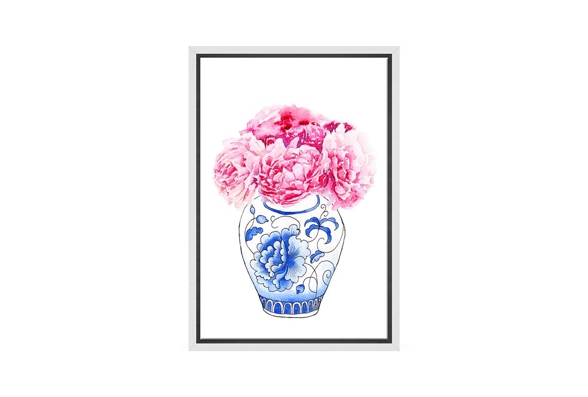 Blue White Vase Pink Flowers | Hamptons Canvas Wall Art Print