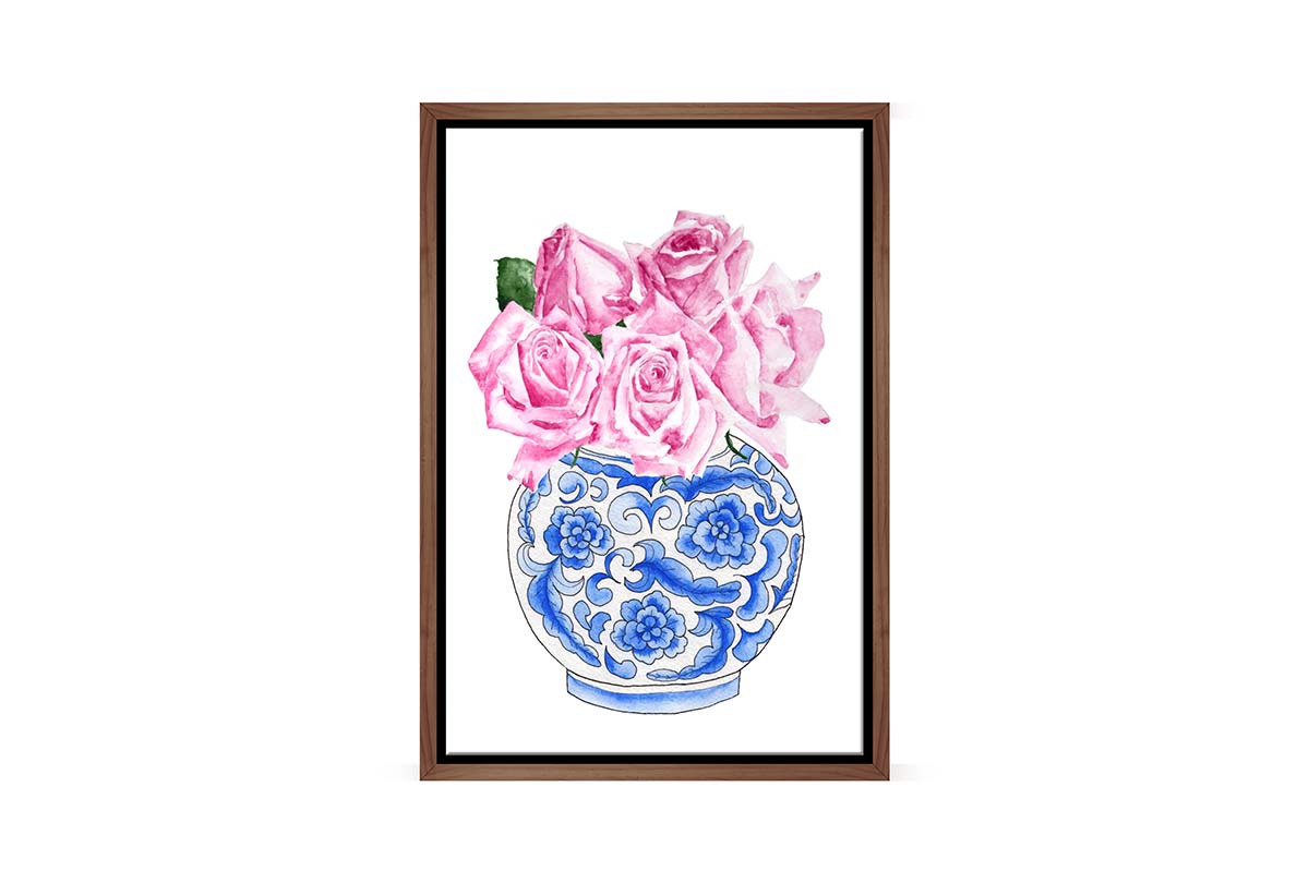 Blue White Vase Pink Flowers 2 | Hamptons Canvas Wall Art Print